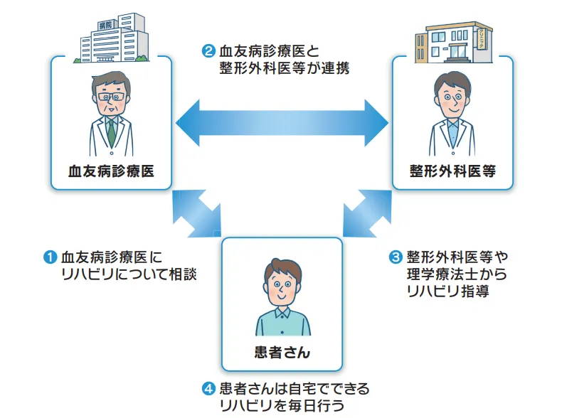 説明イラスト：①血友病診療医にリハビリについて相談②血友病診療医と整形外科医等が連携③整形外科医等や理学療法士からリハビリ指導④患者さんは自宅でできるリハビリを毎日行う